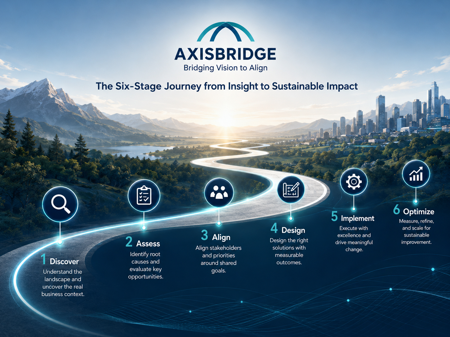 AxisBridge framework graphic showing Align & Deliver at the center surrounded by six stages: Discover, Assess, Align, Design, Implement, and Optimize.